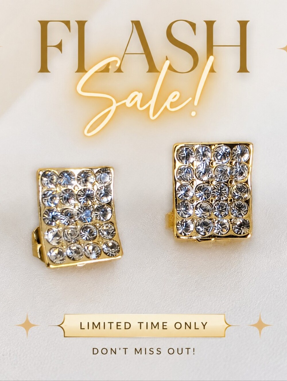 Gold Plated Square Crystal Stud Earrings Rhinestone Pave Minimalist New
